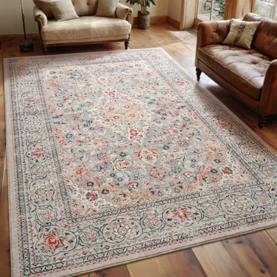 Washable Rug 4x6, Beige Area Rugs Non Slip, Indoor Low Pile Carpet with Rubber Backing for Living Room Kitchen Bathroom Entrywa