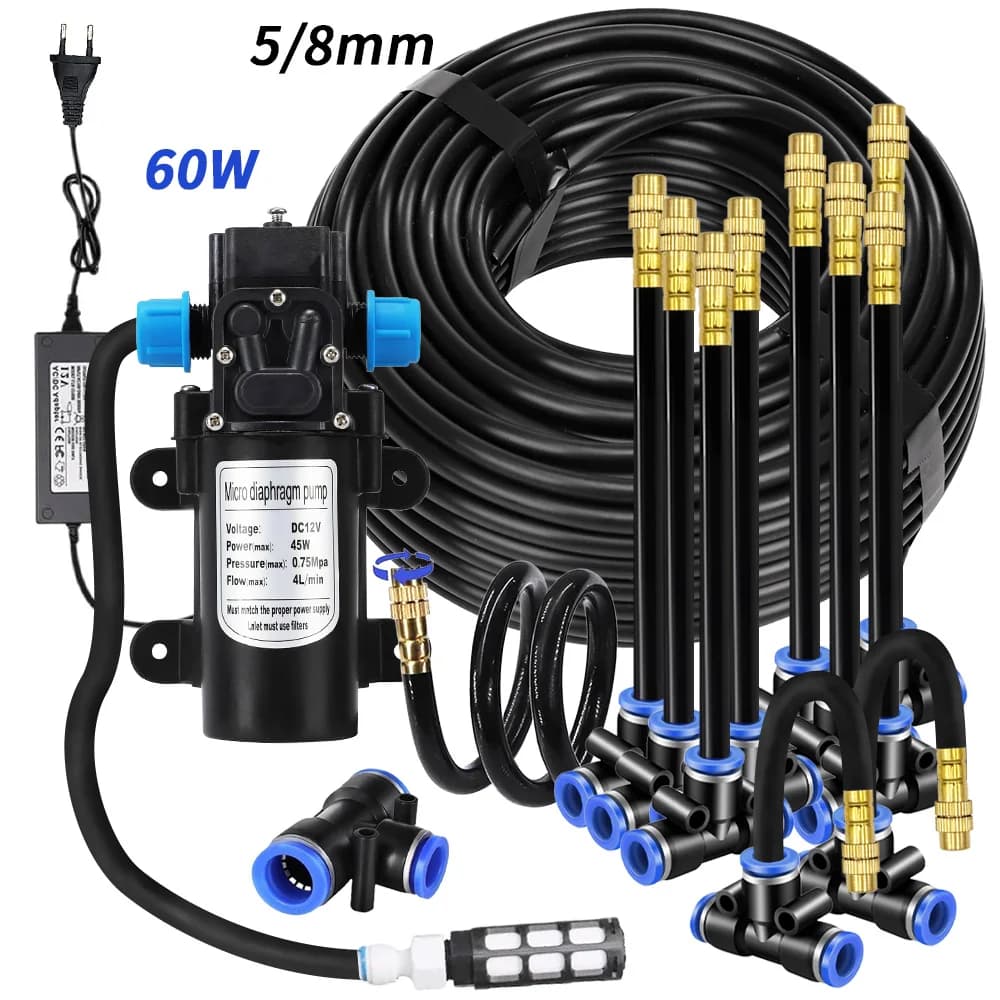 Garden Sprayer Kit with 5/8mm PE Tube, 60W Self-priming Pump, 20cm Universal Brass Ugello, Plant and Gazebo Nebulization System