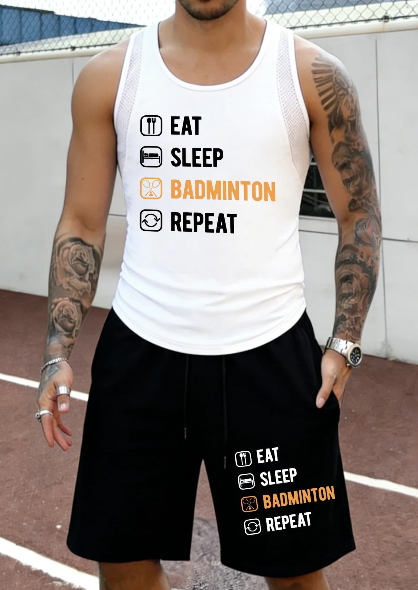 Complete Men's Summer with Print 'Eat, Sleep And Repeat Play Badminton', Convenient Network Set Sleeveless, Casual Gym Top and Shorts with Daily Use Coulisse