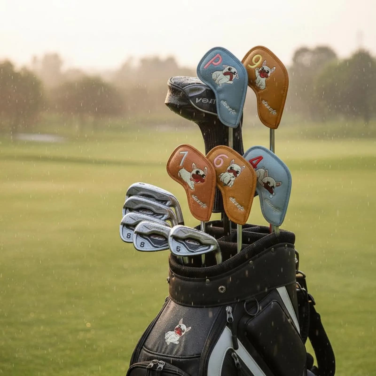 Set di 9 Protezioni in Ferro per Mazze da Golf French Canine Sport, Facili da Applicare e Rimovibili, Coprimazze in Pelle PU Anti-Graffio