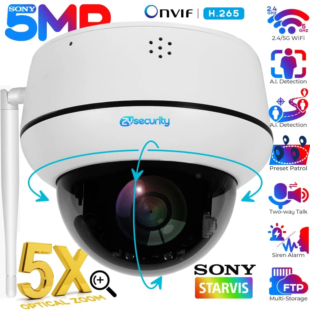 Telecamera PTZ Dome Wifi da 5 MP Telecamera IP con zoom ottico 5X Monitoraggio umanoide Telecamere di sorveglianza di sicurezza domestica wireless per conversazione bidirezionale