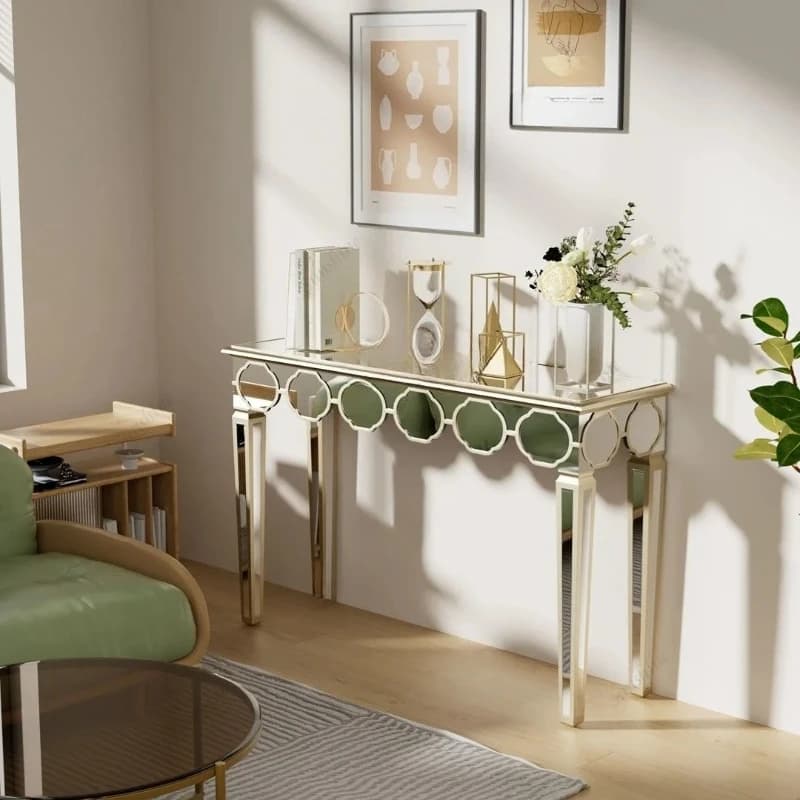 Tavolo Console Rettangolare Moderno con Specchio e Bordo Dorato, Tavolo Decorativo per Ingresso, Soggiorno e Corridoio, Arredamento d'Accento a 4 Gambe FT