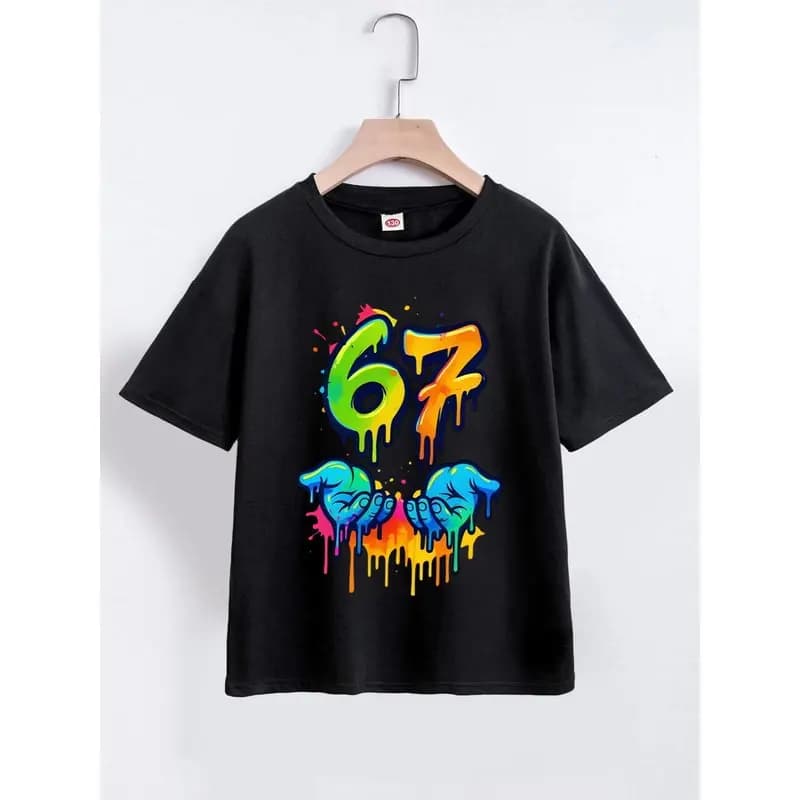 T-shirt con grafica Graffiti Drip Number 67 per bambini e ragazzi, maglietta girocollo in morbido cotone, abbigliamento casual estivo per la scuola e il tempo liberodf0013