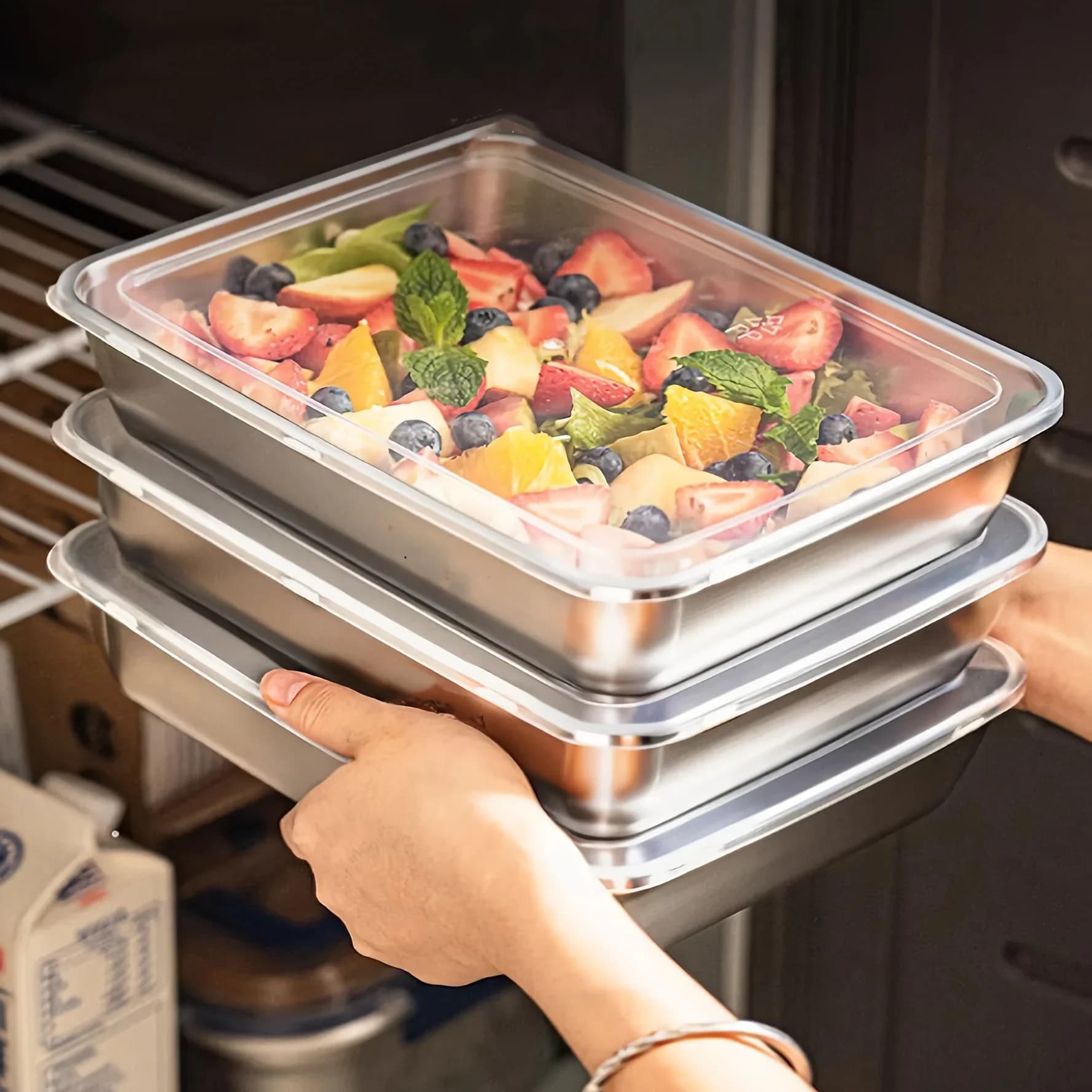 Contenitori per alimenti in acciaio inossidabile da 3 pezzi - A tenuta stagna e impilabili con coperchi trasparenti | Per Campeggio, Casa e Preparazione Pasti
