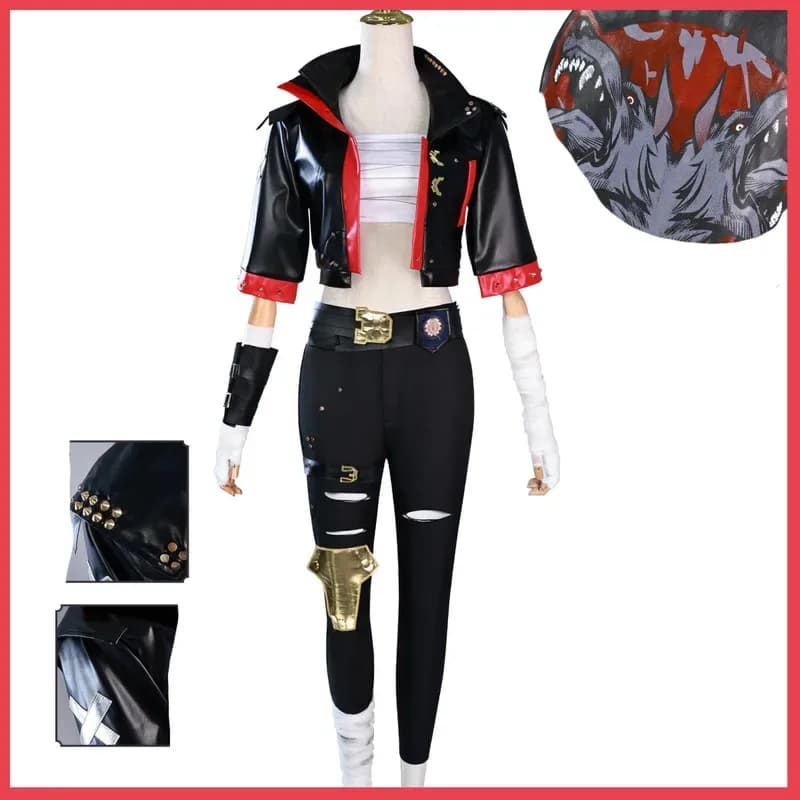 Gioco LOL Arcane 2 Underground Fighter VI Costume Cosplay Parrucca Cappotto in PU nero Uniforme da combattimento Uomo Donna Halloween Part8;c'4,t;6.j'2;