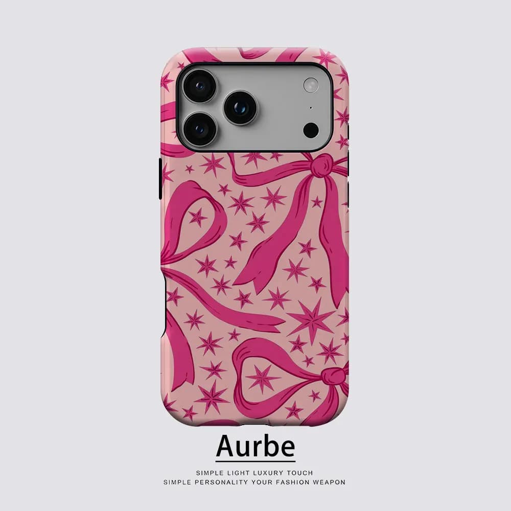 Custodia Aurbe Matte 2-in-1 con Pellicola e Supporto MagSafe per iPhone 17 16 15 14 Plus 17 Pro Max, Antiurto, Rigida, con Fiocchi Rosa e Stelle