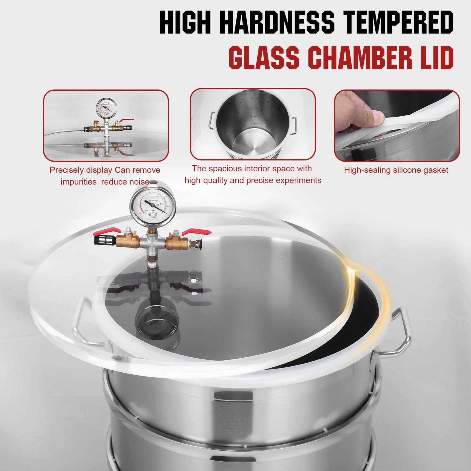 Kit Camera di Degassaggio in Acciaio Inox 304 con Coperchio Trasparente, Barile Industriale per Degassaggio Sottovuoto per Colata, Silicone e Oli Essenziali