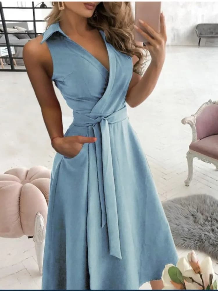 Abito longuette senza maniche con risvolto da donna della nuova primavera Abito estivo alla moda con scollo a V solido con cintura Elegante abito da donna da ufficio