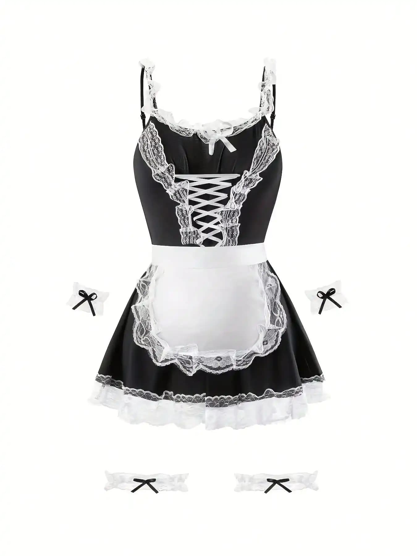 Women's Sexy Maid Dress Cute Strap Mini Skirt Role-Play Uniform