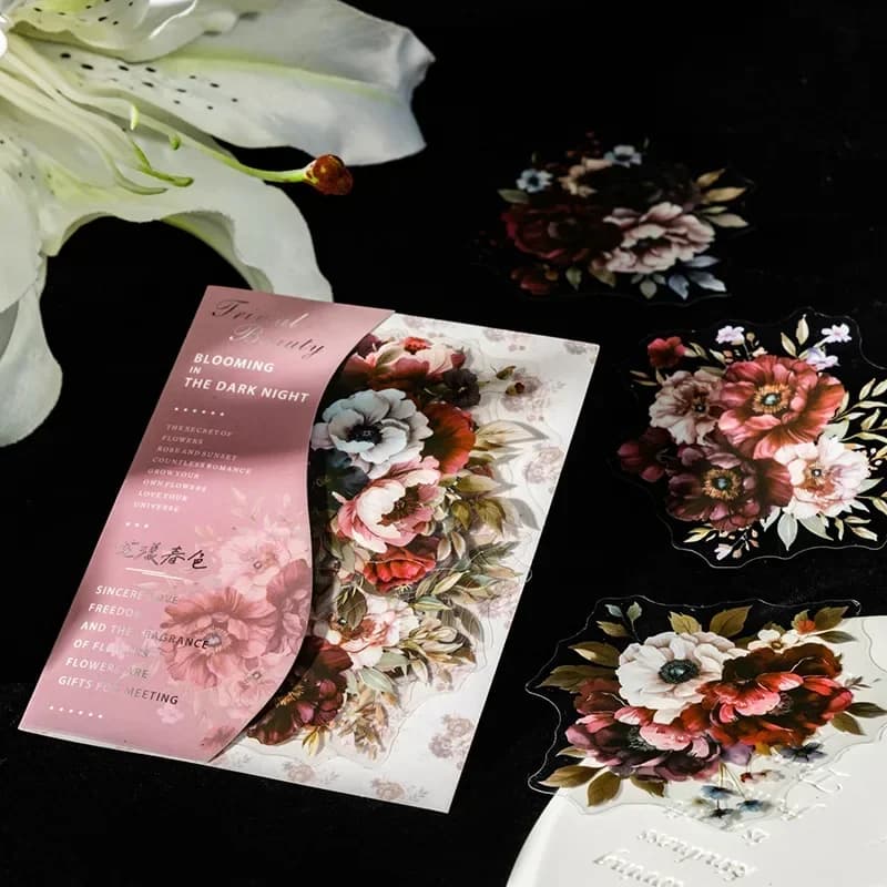 20Pcs Dark Style Large Size Flower Sticker Pack Dark Night Bloom Collection Red Shadow Moon Supplies DIY Scrapbook 151*101mm