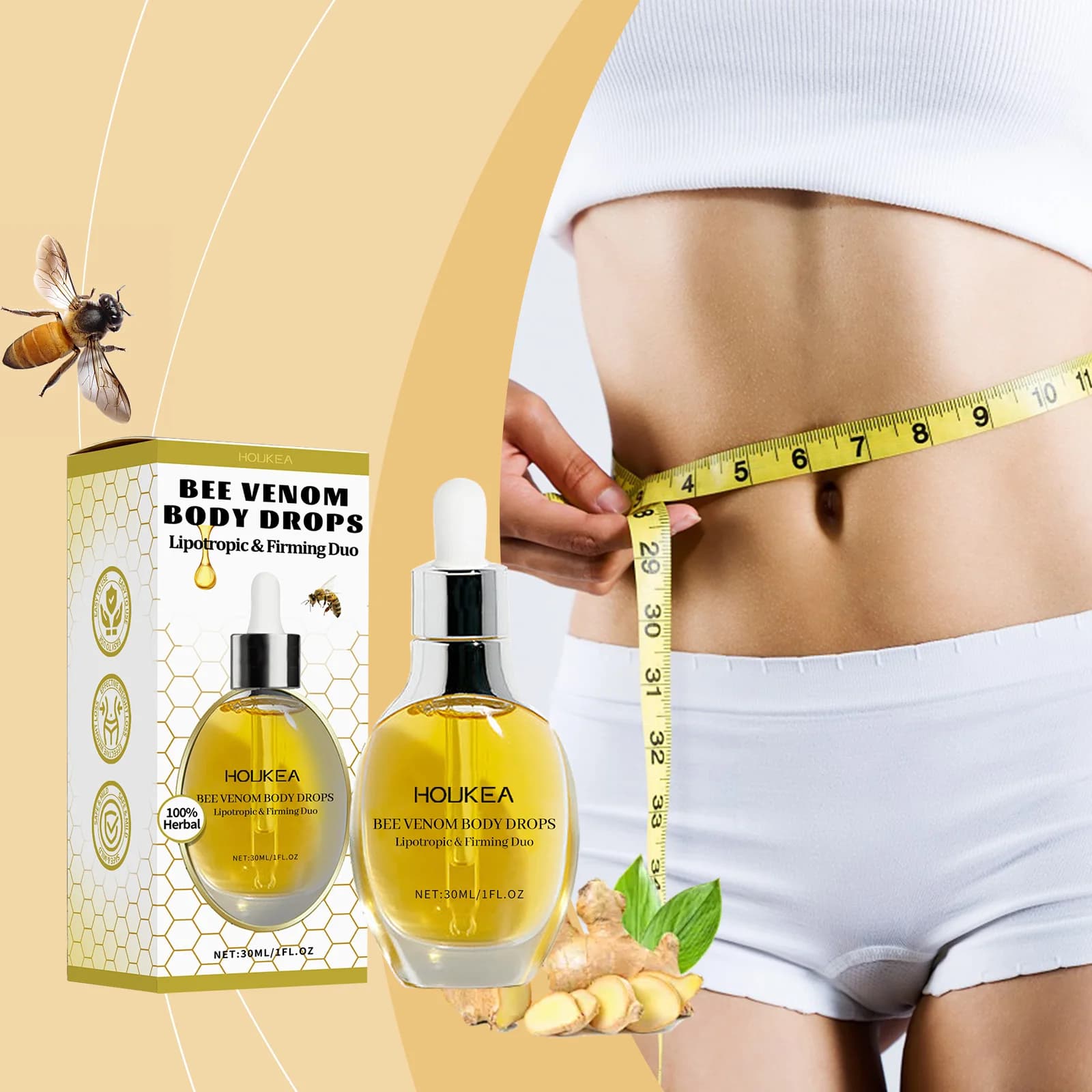 Houkea Siero per il corpo al veleno d'api Cura delicata Idrata, rassoda e idrata Lifting della pelle Siero per la cura del massaggio del corpo leggero