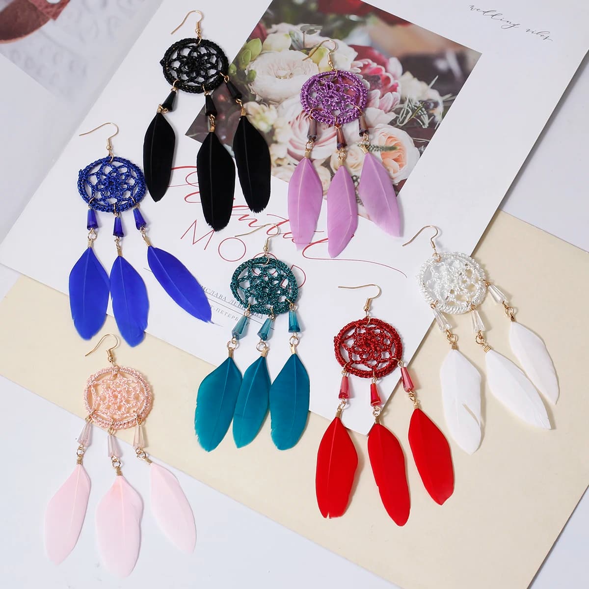 Boho Dreamcatcher Feather Tassel Earrings Women Handmade Hollow Round Earring Vintage Geometric Long Dangle Earrings Gift
