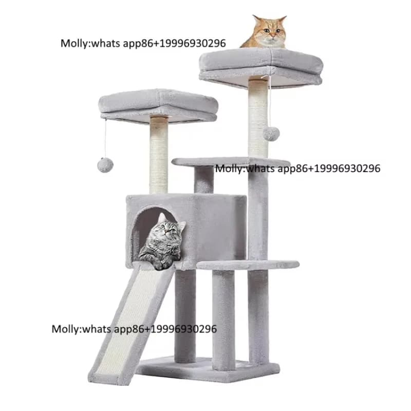 Wholesale Customized Light Grey Plush Tall Tower Natural Sisal Rope Wrapped Scratching Climbing Frame Tree Toys