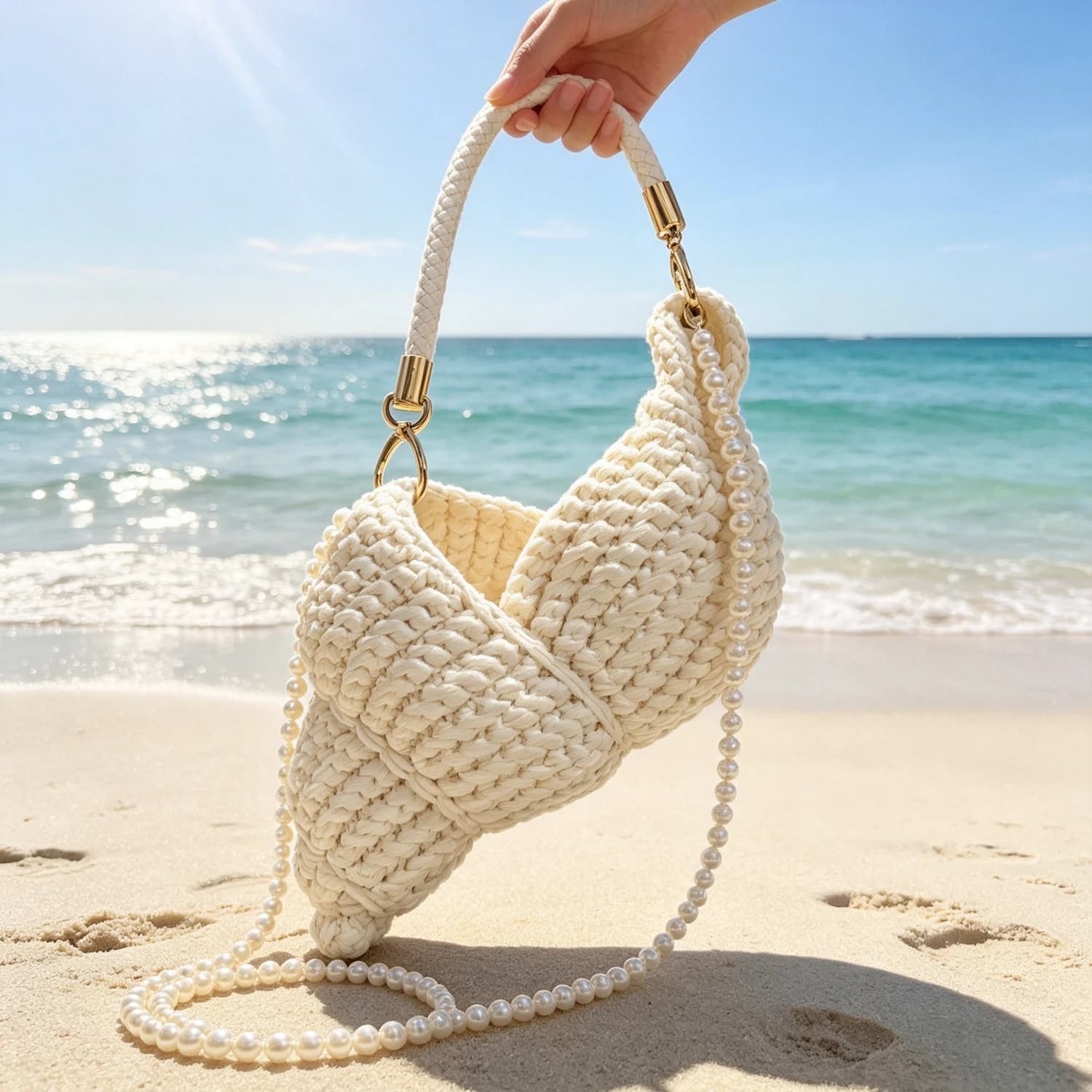 Women Handmade Crochet Conch Bag Solid Color Yarn Handbag Niche Elegant Crossbody Purse Beach Resort Style Shoulder Bag