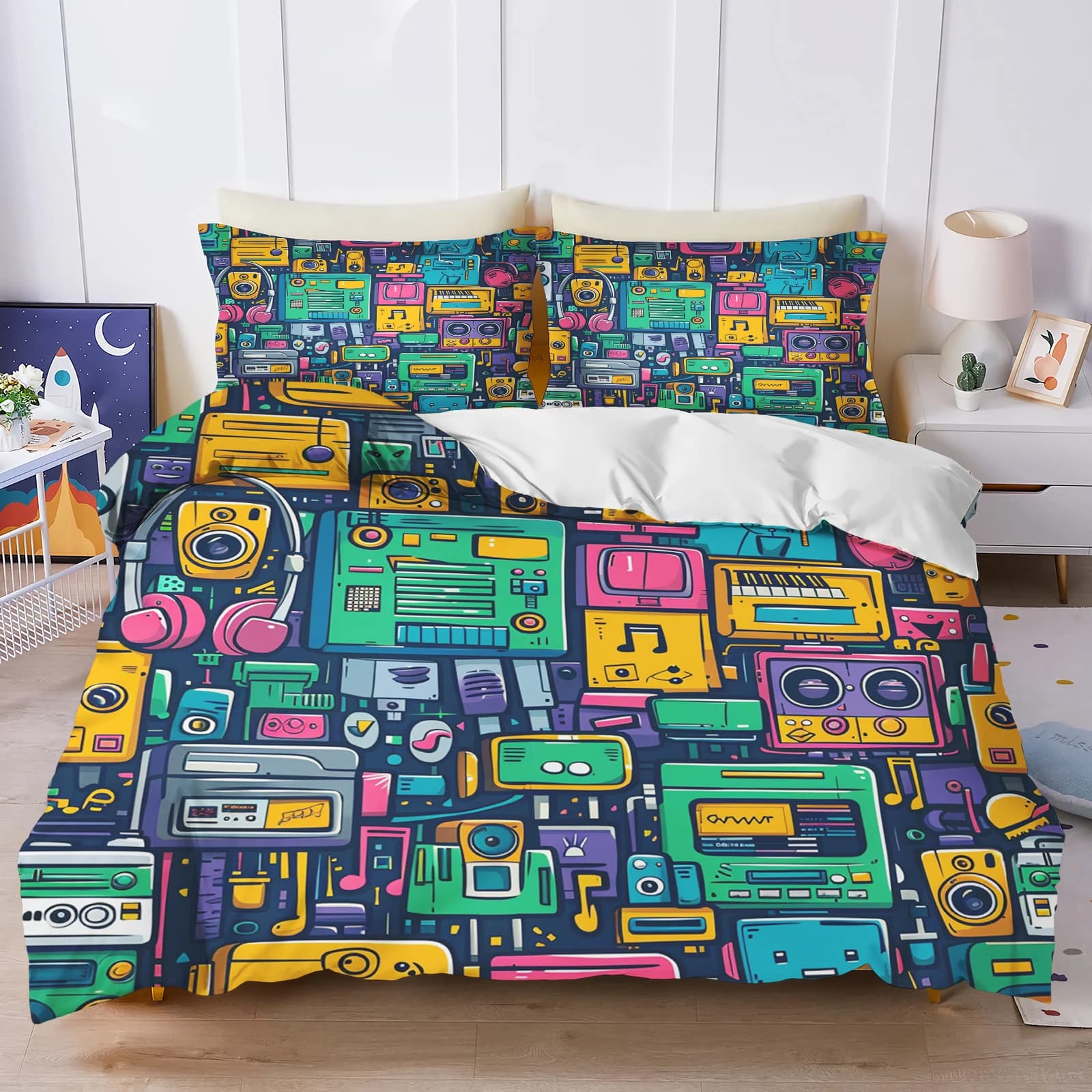 3 Piece Robot Cartoon Bedding Set Twin Size Luxury 100% Polyester Duvet Cover Modern Print For Kids Boys Bedroom