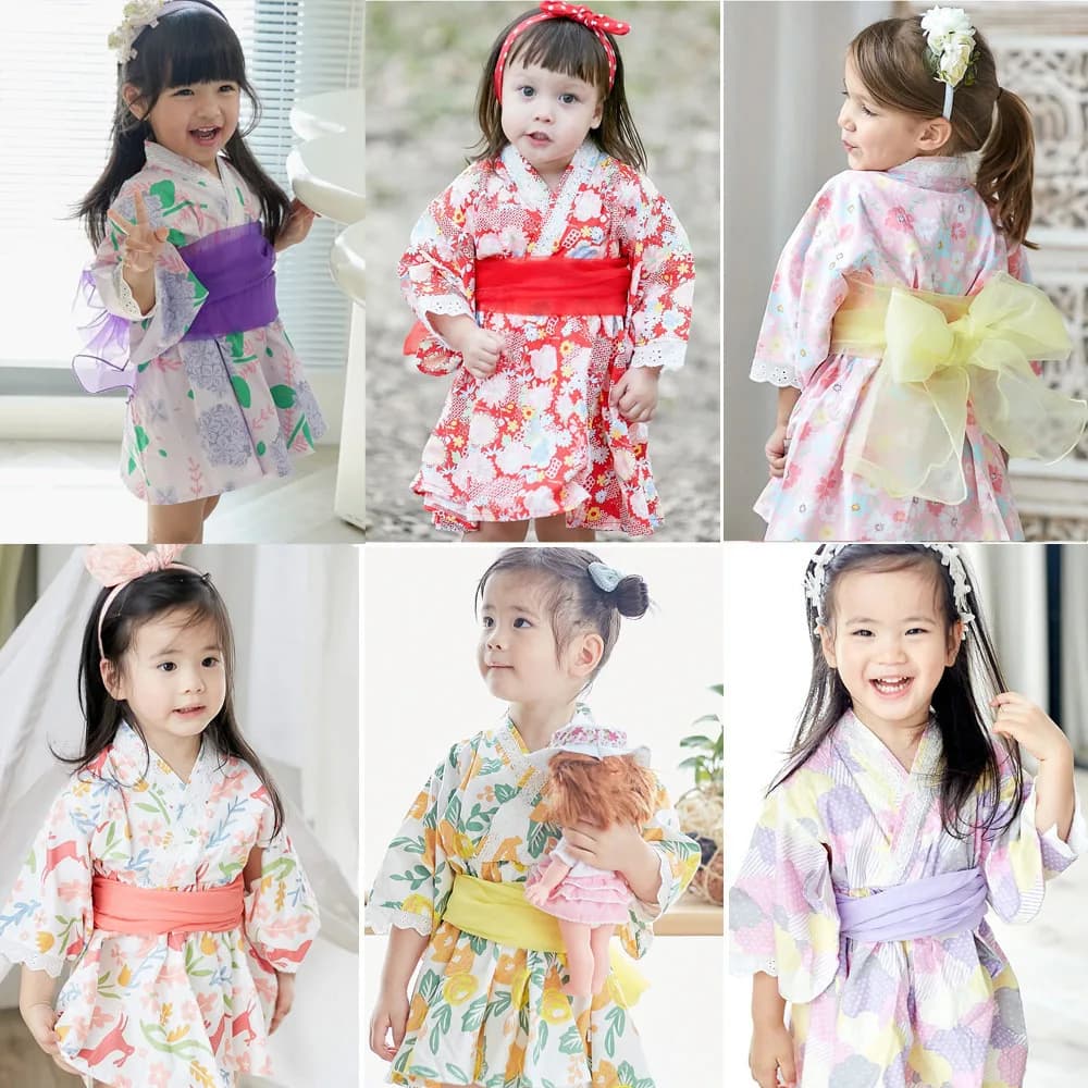 Japanese Kimono Dress Red Floral Yukata Obi Belt Lace Trim Girls Summer Cosplay Costume For Holiday