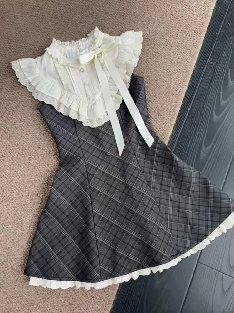 Abito scozzese vintage in pizzo sottile francese da donna elegante moda dolce fiocco abiti senza maniche estate Harajuku Chic skinny nuovi abiti