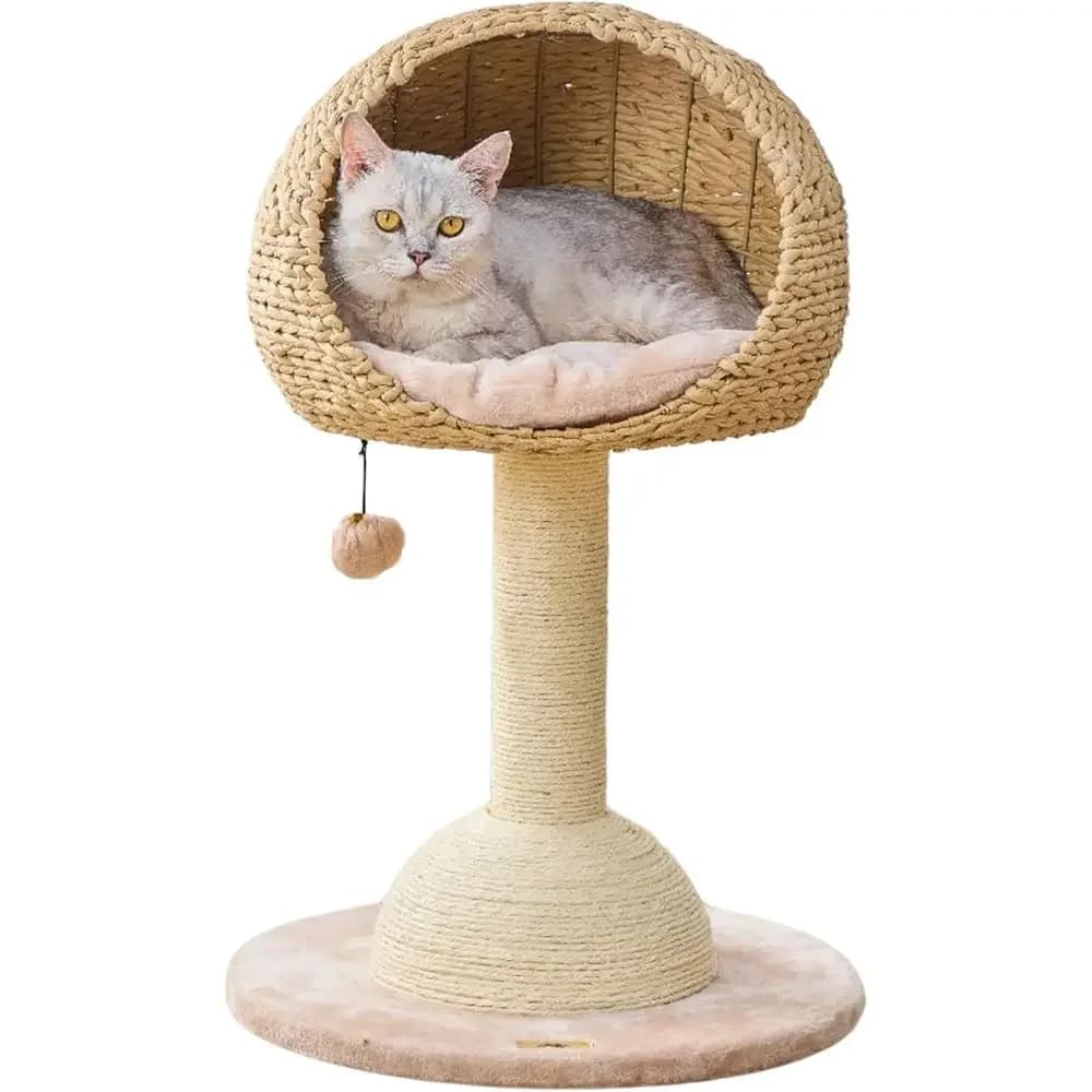 2-Level Recycled Paper Rope Cat Tree with Sisal Posts, Playful Teaser Toy, Washable Cushion (Brown Beige)