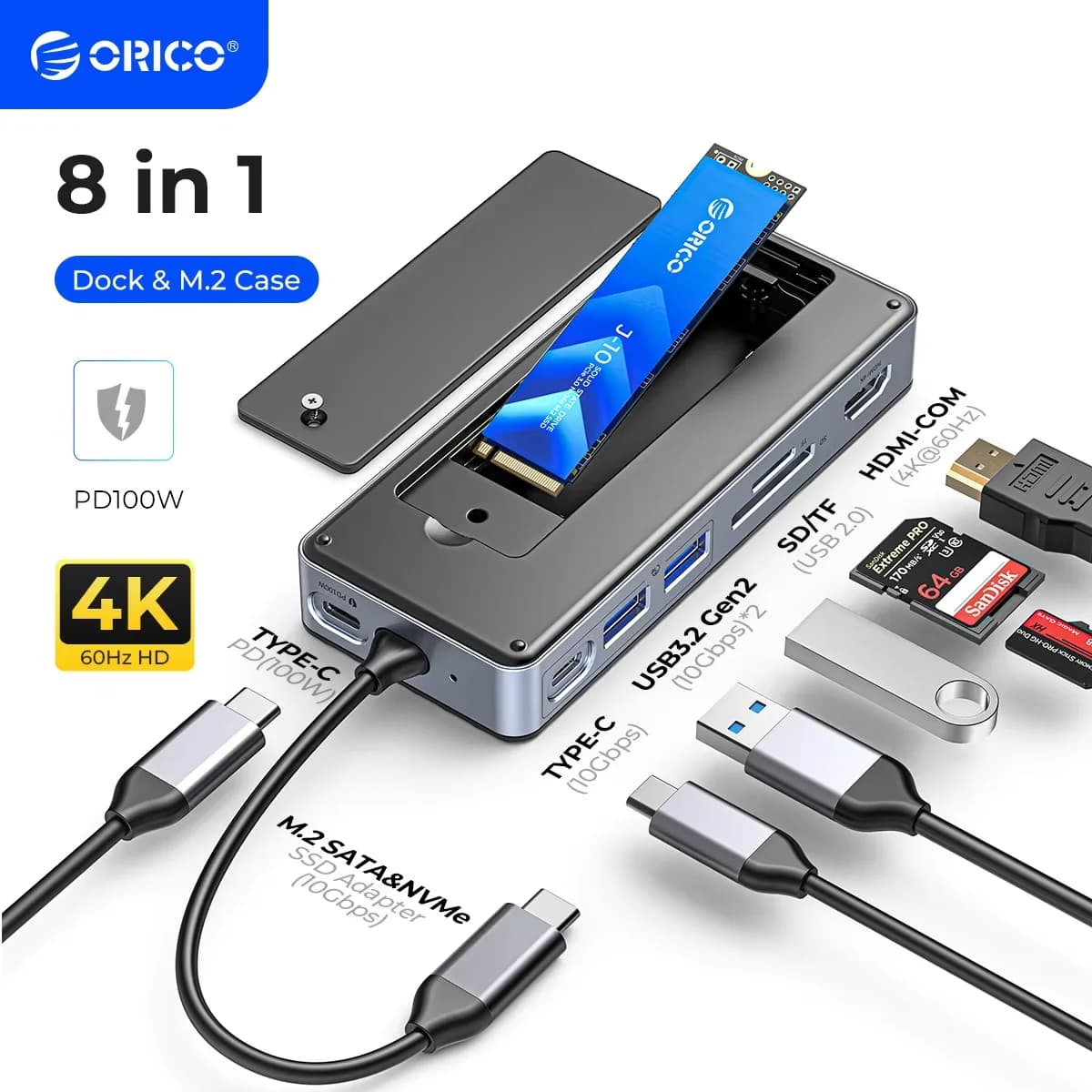 HUB ORICO-USB C con custodia SSD Docking Station per Laptop 4 k60hz HDMI-Com 100W PD RJ45 SDTF 10Gbps M.2 NVME SATA SSD 8TB