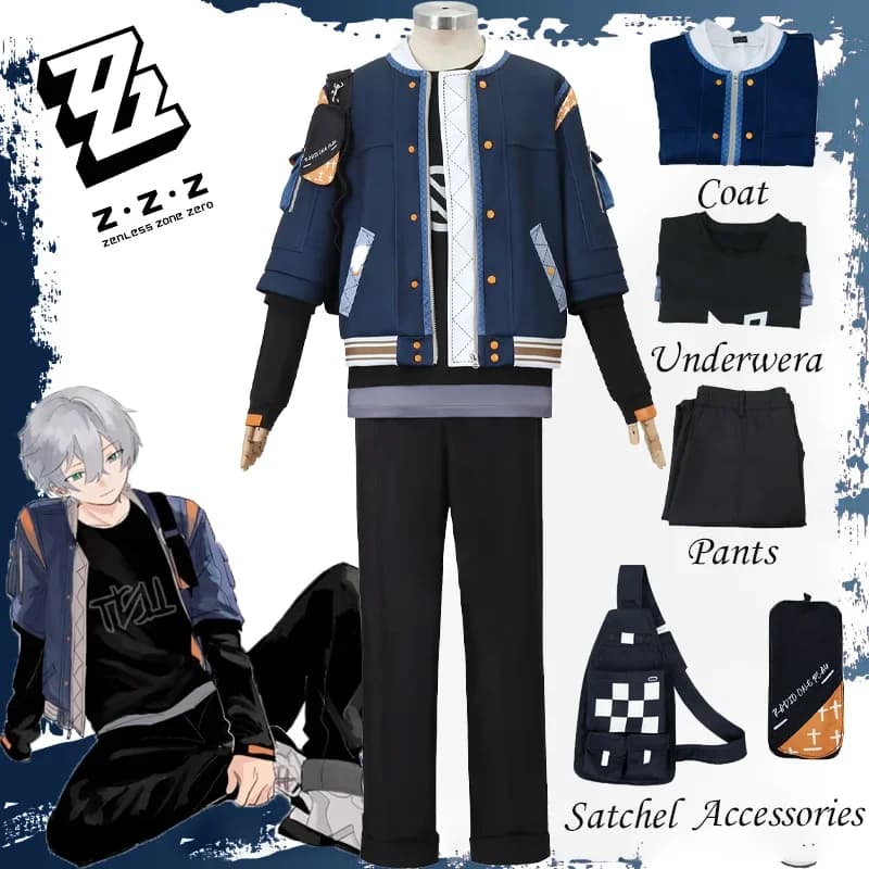 CosplayGame Zenless Zone Zero Wise Costume Cosplay ZZZ Vestito di Carnevale Parrucca Giacca Blu Camicia Pantaloni Borsa Abito Uniforme Halloween Pa