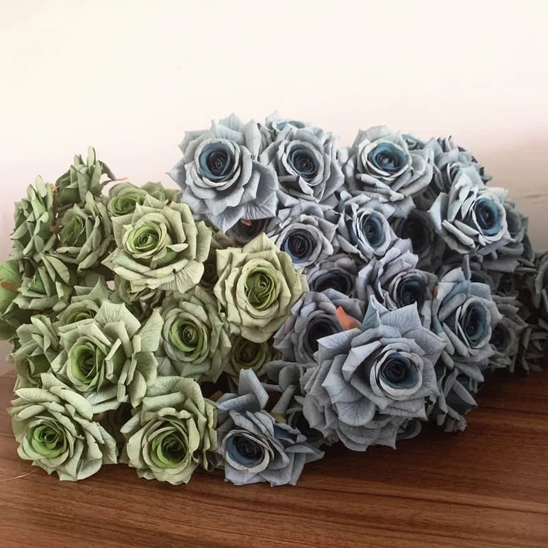7Heads Roses Bouquet Artificial Flower Haze Blue Sage Green Bean Paste Green Fake Rose Retro Living Room Decoration Wedding