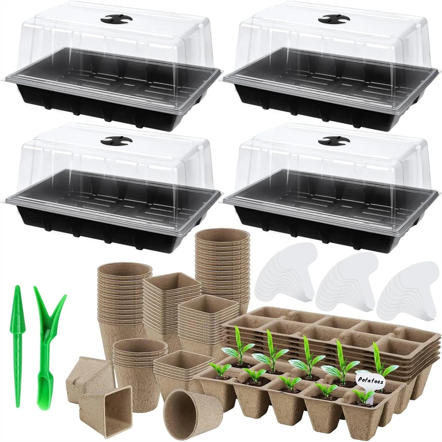 Set di 4 Vassoi per Semina con Vasi in Torba, Vassoi in Plastica per Germinazione, Etichette per Piante e Mini Attrezzi per Fiori e Verdure