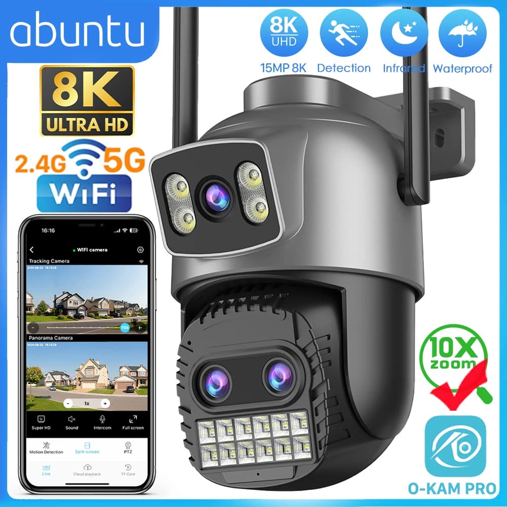 ABUNTU 15MP 8K 10X Zoom Optional Wifi External Camera Three Screens Goal Surveillance Camera 2.4G/5G Home Security Camera