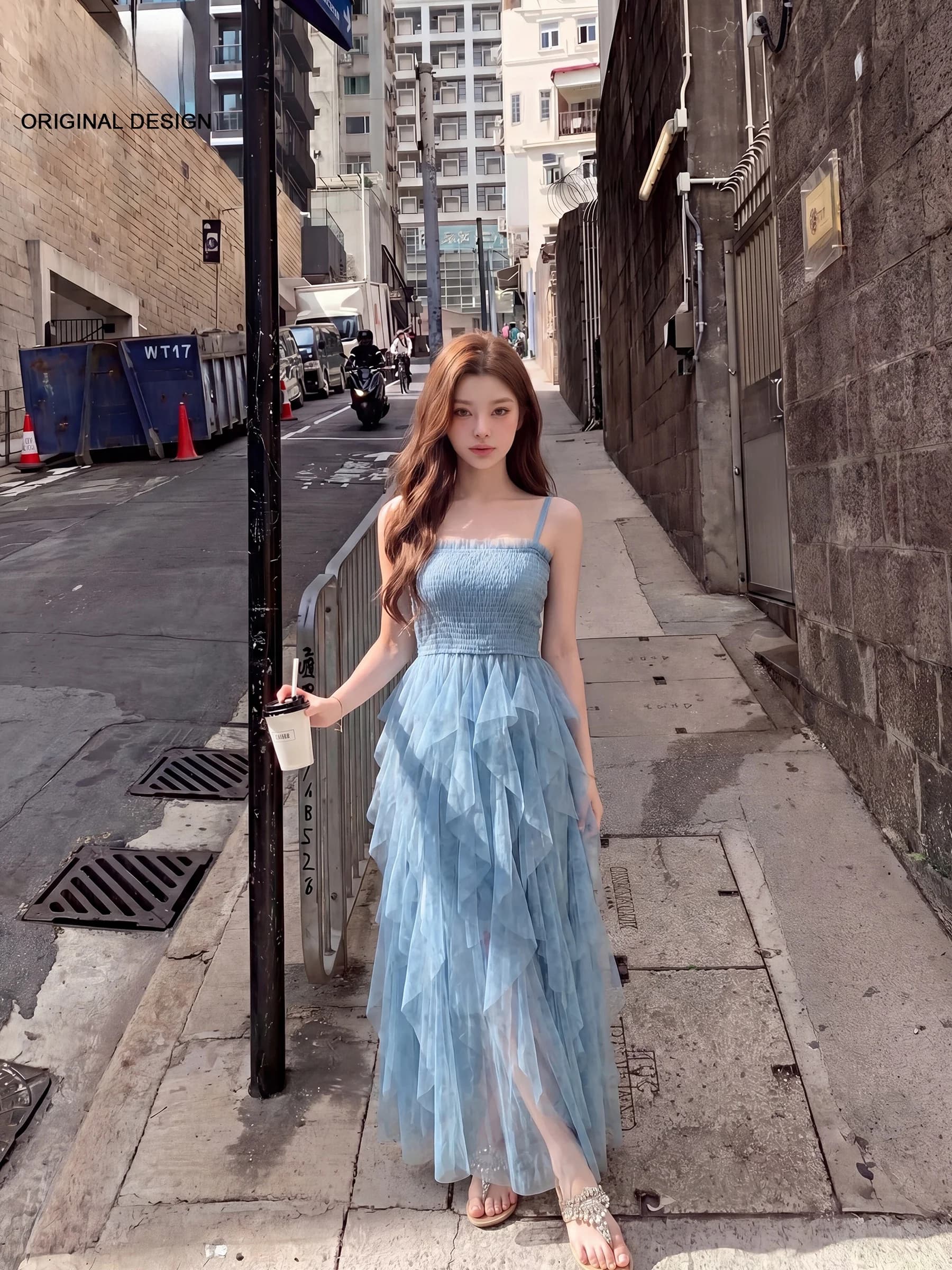 Blue High Waist Mesh Strap Dress Women's Summer New Style Cake Long Skirt Commute Folded Polyester Fiber Buttoned Slim Fit X ...