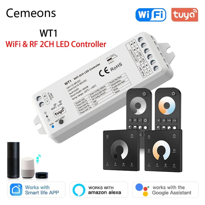 Tuya WiFi LED Dimmer 12V 24V 36V DC 2CH Smart 2.4G RF Interruttore di regolazione remoto wireless WW CW CCT Controller WT1 LED Controller