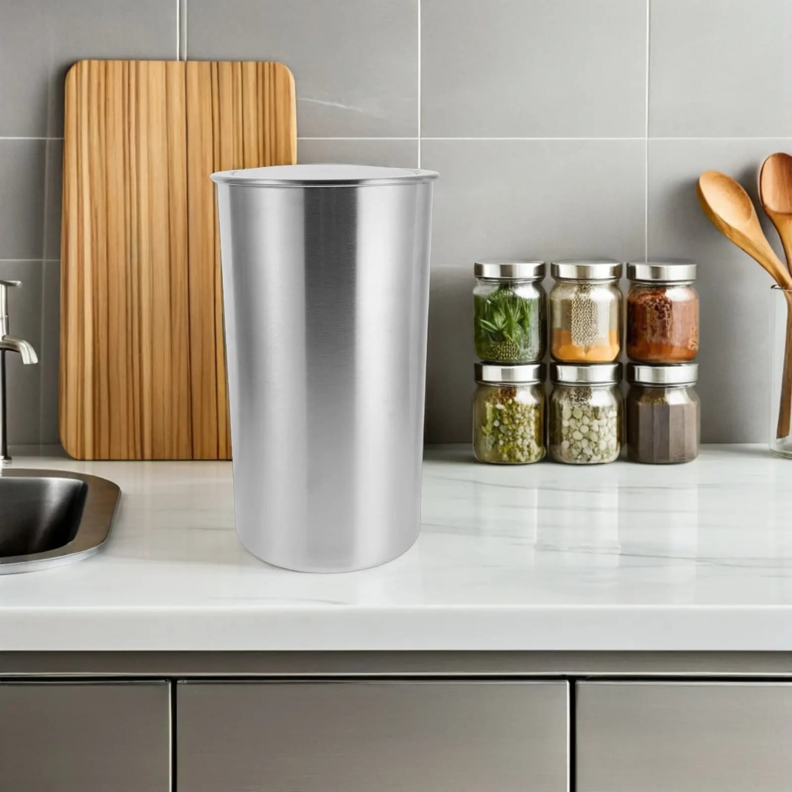 Cestino per Rifiuti da Incasso in Acciaio Inox da 5,5L con Coperchio Girevole Rotondo per Armadietto da Cucina e Piano di Lavoro