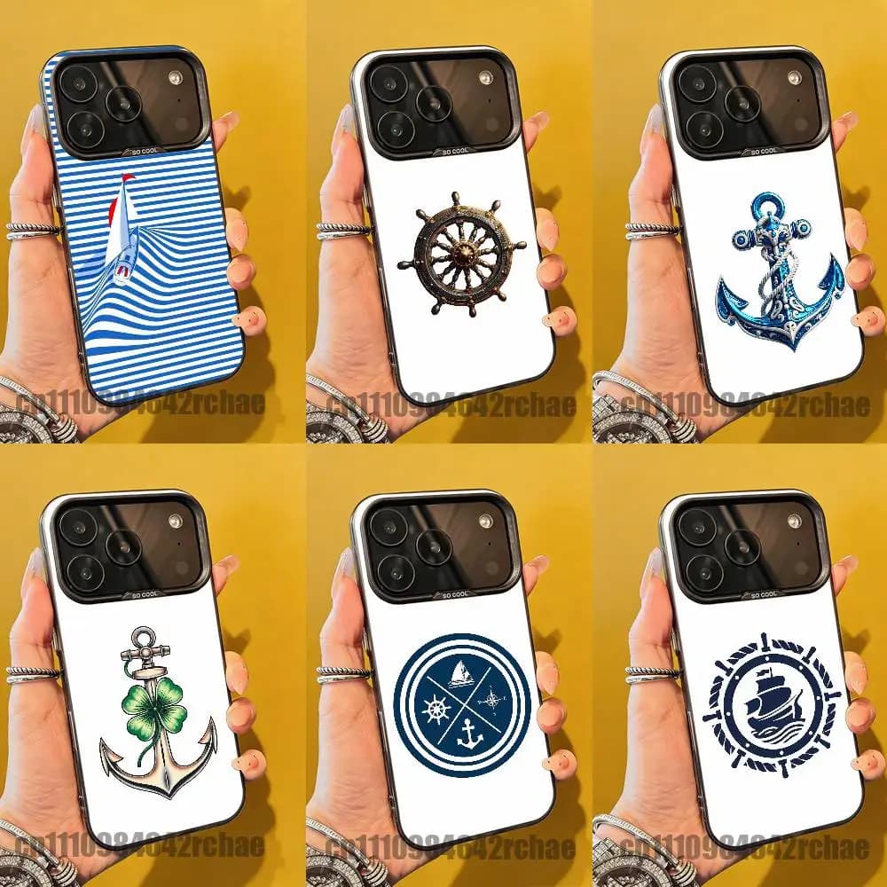 For Anchor Boat Ship Wheel Compass Logo Phone Case For iPhone 18 15 17 11 14 13 16 12 Pro Max Mini Plus Grey Silver Cover