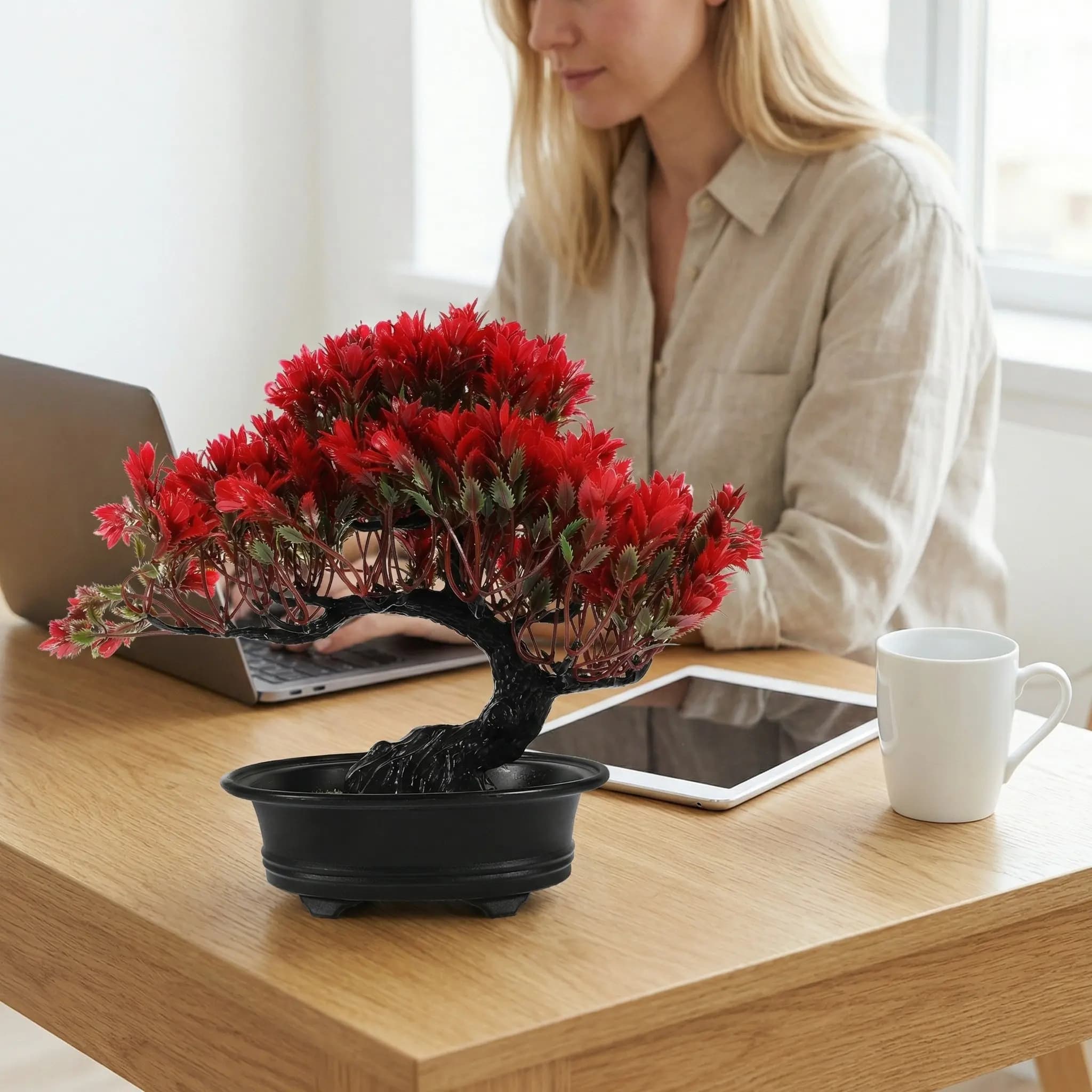 2 Pezzi Bonsai Artificiale di Pino Giapponese in Vaso, Pianta Finta Decorativa per Scrivania, Ufficio, Soggiorno, Ingresso, Tavolo Zen, 33 cm