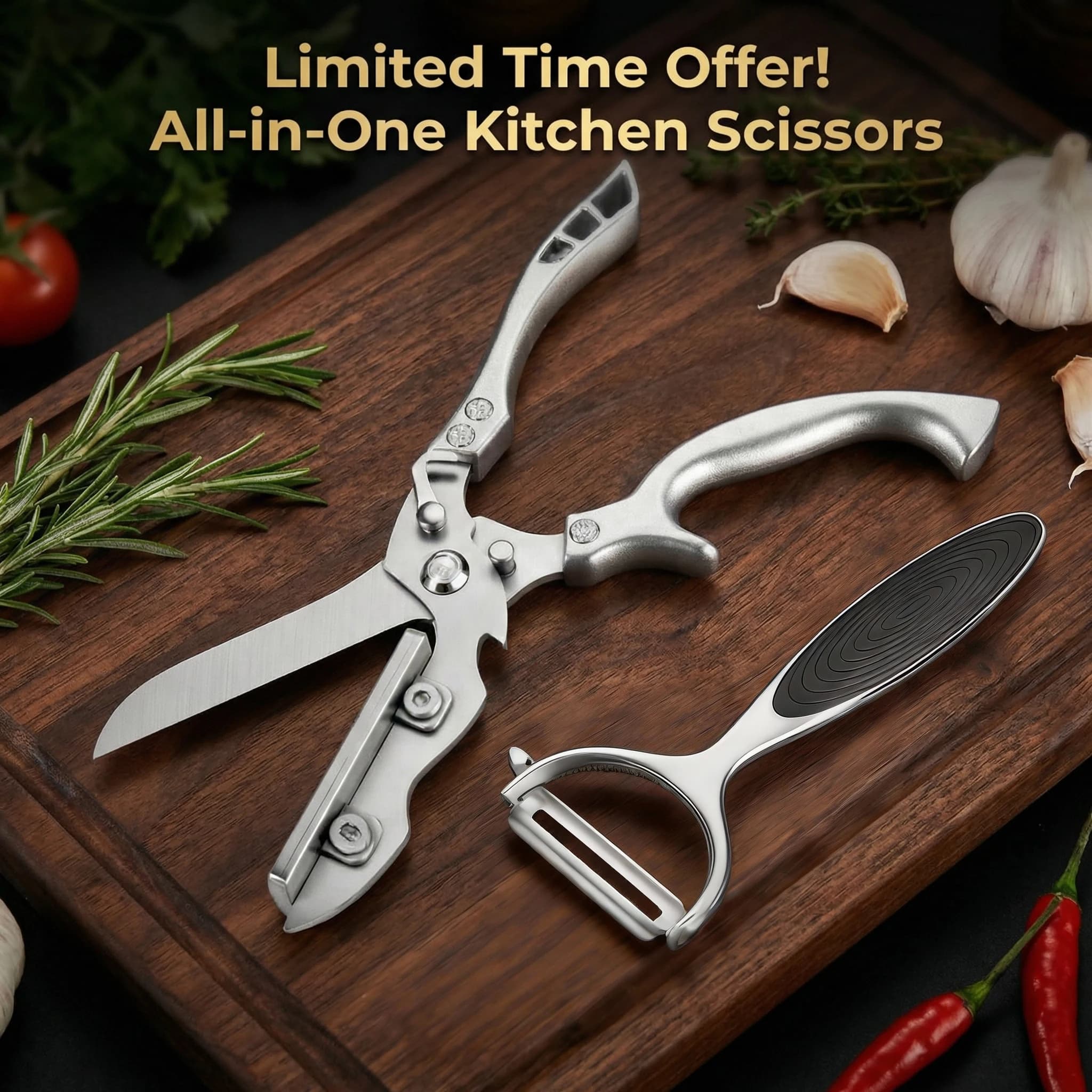 Nuovo Set di Forbici da Cucina 2 Pezzi - Forbici 2-in-1 con Tagliere e Pelapatate - Coltello in Acciaio Inossidabile, per Ossa di Pollo, Carni e BBQ