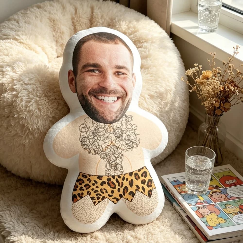 Printable Human Face Primitive-Style Pillow, Personalized Photo Customization, Leopard Print Skirt Man Doll Cushion, Fun Gift for Boyfriend, Valentine's Day Home Decoration