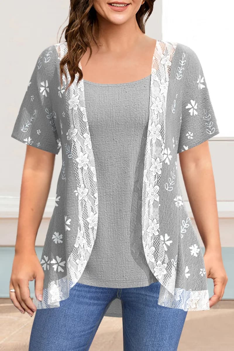 Flycurvy Plus Size Summer Casual Grey Linen Print Floral Lace Seams Outdoor Shirt with Two Pieces blouse