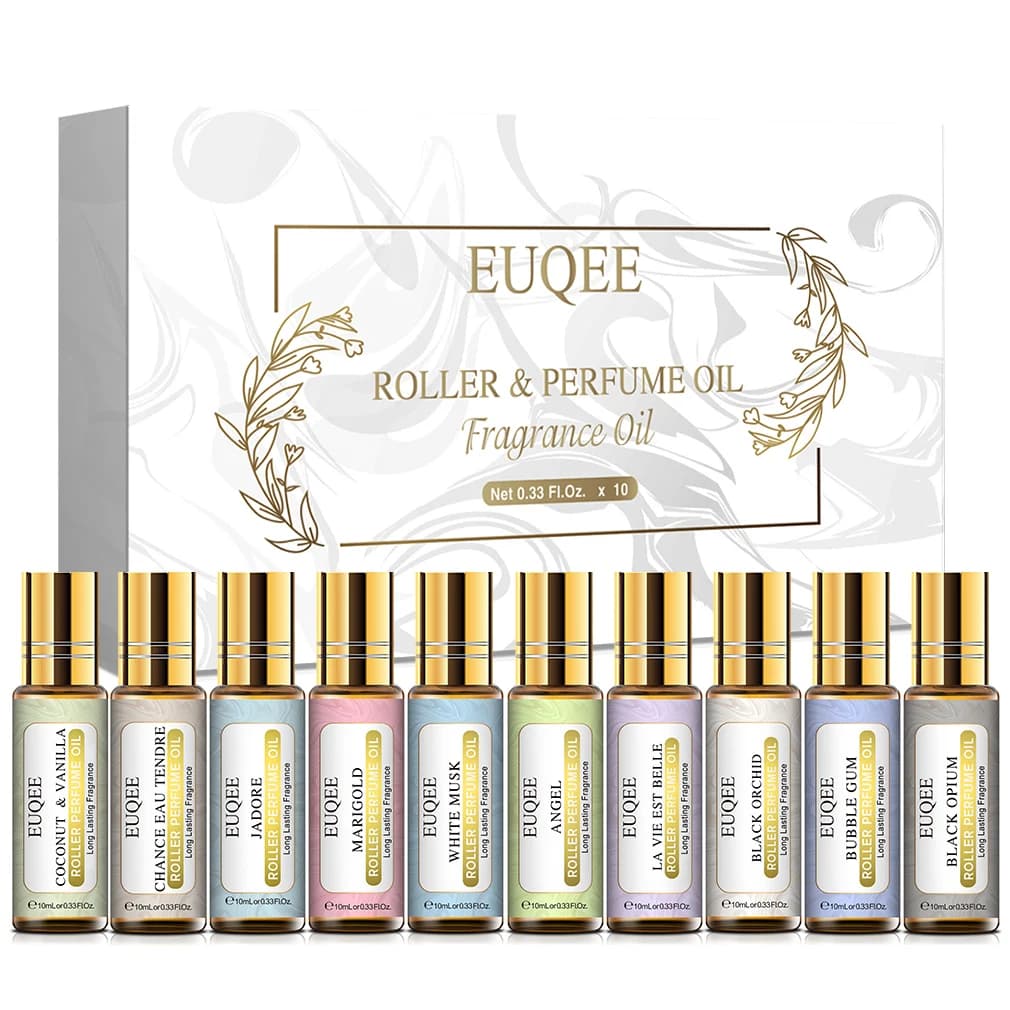 EUQEE 10 Bottles Oil Fragrance Women's Gift Set Rubber Jadore Musk White 10ml Oil Roller Fragrance for Diffuser Flavor FAI FROM TE
