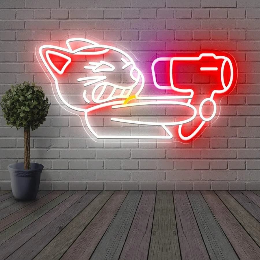 Lampada LED Neon a Forma di Gatto Portafortuna con Asciugacapelli, Lampada da Parete Regolabile per Camera da Letto, Salone, Caffetteria