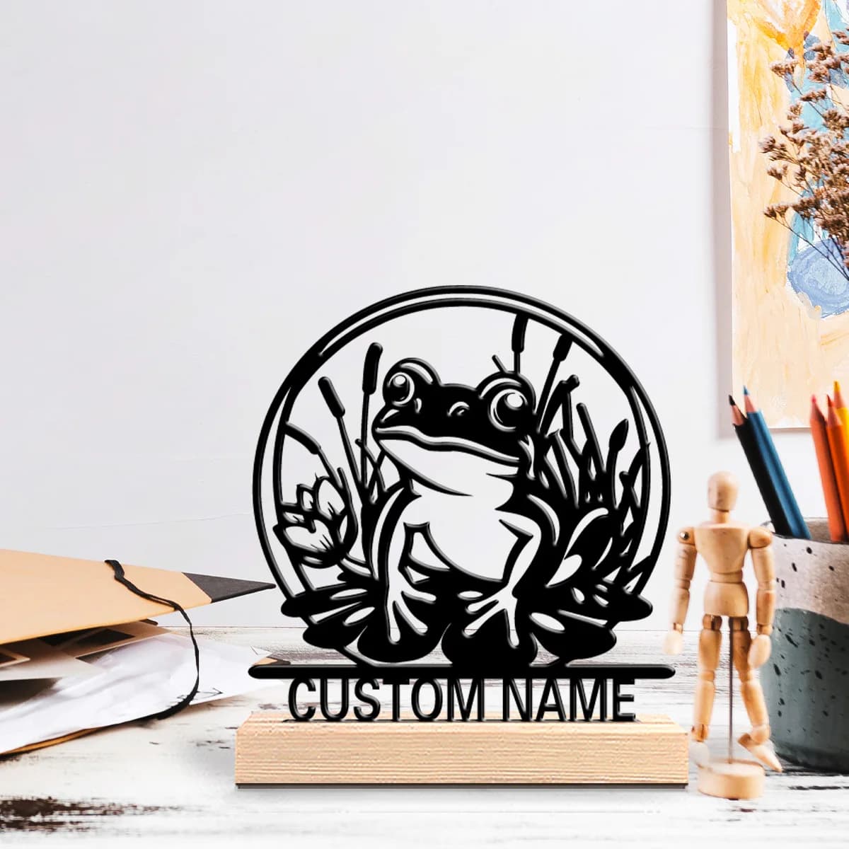 Decorazione da Tavolo in Metallo a Forma di Rana Personalizzata con Base in Legno, Regalo Perfetto per Appassionati di Sport