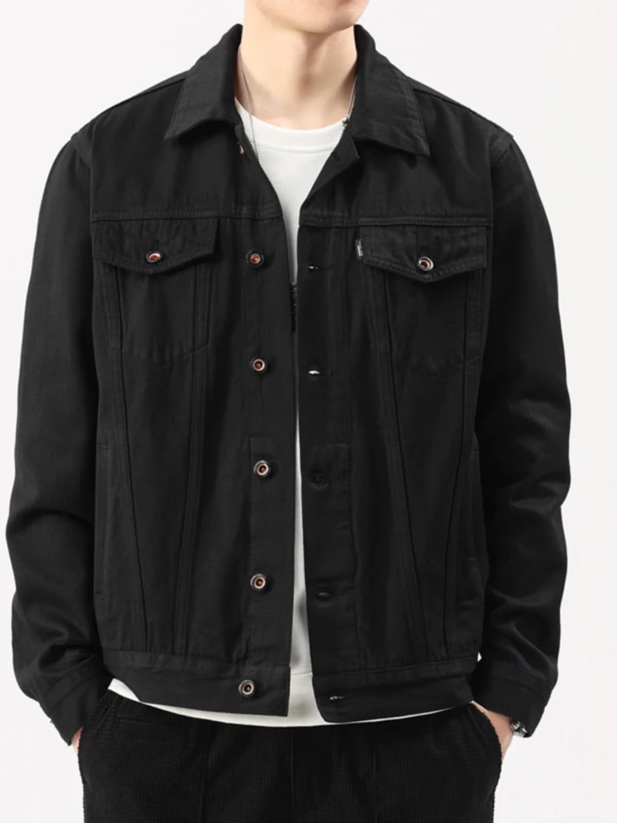 High-End Men's Denim Jacket Casual Black Top with Dark Buttons Autumn Spring Workwear Style Loose Fit Cotton Polyester Blend