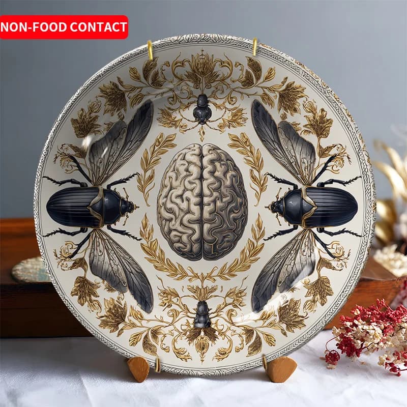 Piatto decorativo in ceramica elegante Beetle & Brain Art da 1 pezzo - Ornamento rotondo da appendere alla parete per la casa, il soggiorno, lo studio - Non alimentare