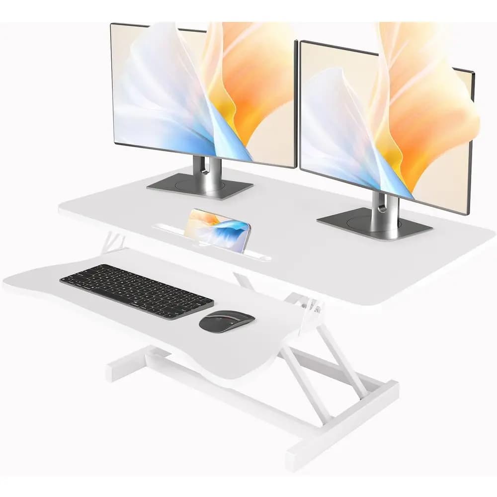 Convertitore per Scrivania Regolabile in Altezza 32 Pollici con Doppio Monitor e Postazione Laptop, Ampio Vassoio per Tastiera per Casa o Ufficio, Bianco