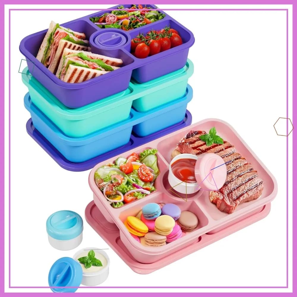 Set di 4 Contenitori per Snack Bento, Scatole Impilabili a 4 Scomparti con Coperchi, Contenitori per Pranzo con Vaschette per Salse