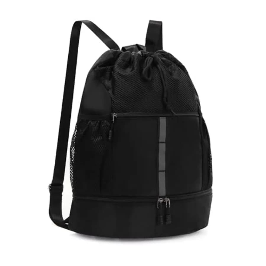 Drawstring Gym Bag Sports Backpack With Shoe Compartment and Reflective Strips