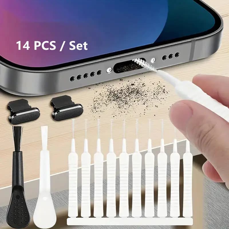 Kit di strumenti per la pulizia delle porte del telefono da 14 pezzi, set di spazzole per la pulizia delle porte di ricarica Lightning e Type-C per iPhone/Android, piccoli dispositivi elettronici