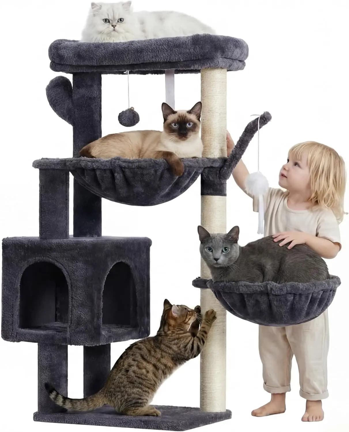 Torre per Gatti, 100 cm, con Tiragraffi e Cuccia, per Gatti da Interno, Palo in Sisal Completamente Rivestito, Piattaforma S