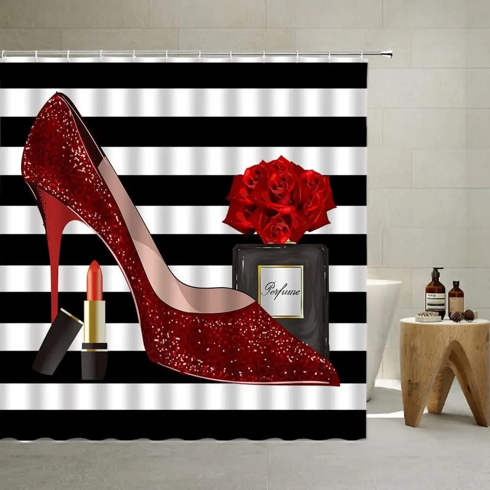 Diamonds Silver Gray High Heels Shoe Shower Curtain Modern Fashion Girl Black Bathroom Sets Waterproof Polyester Fabric