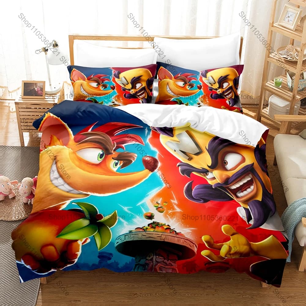 Crash Bandicoot Bedding Set Includes Duvet Cover + 2 Pillowcases Retro Platform Game Cartoon Character Bedroom Decor For Gamers