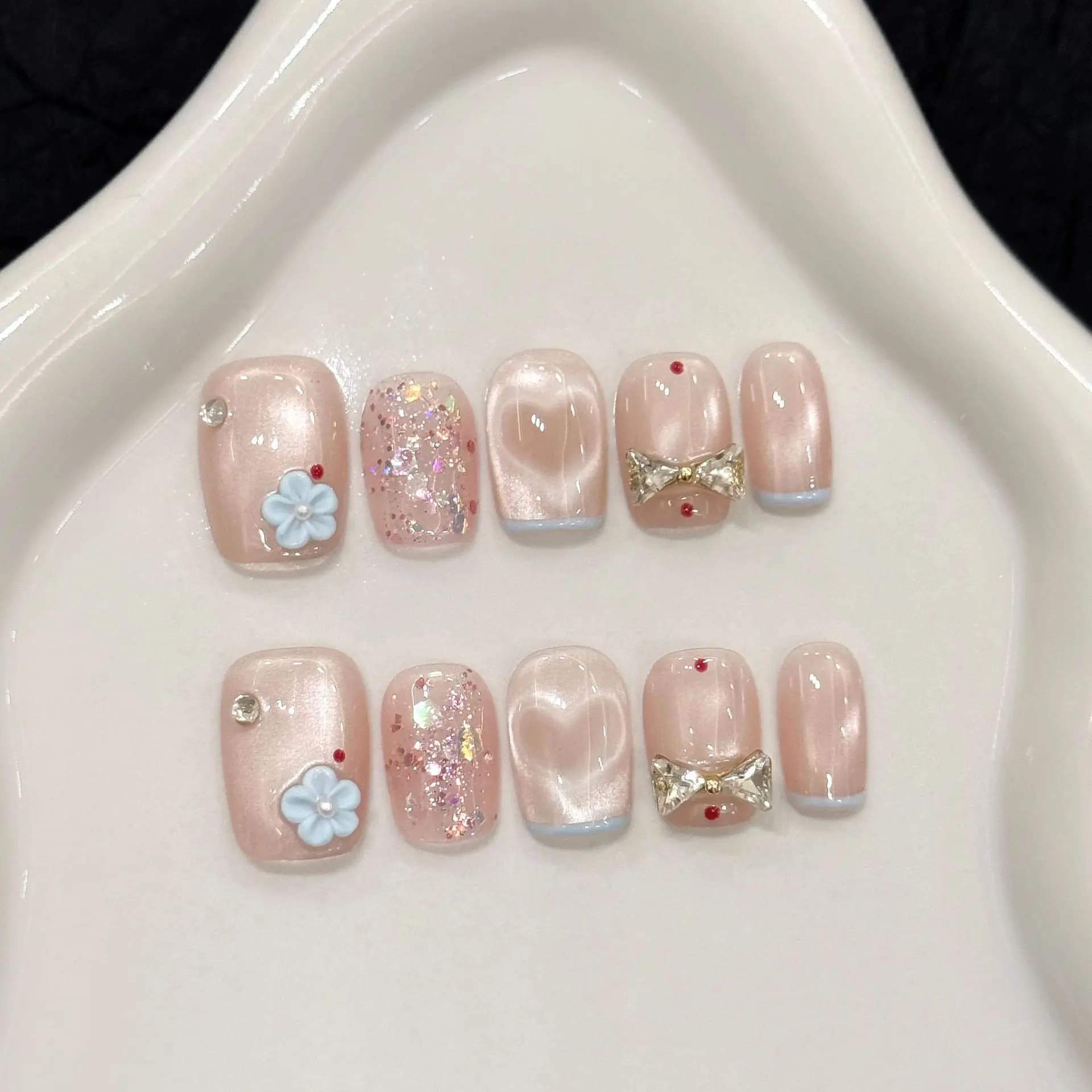 10 pezzi glitter amore design set di unghie finte fatte a mano occhio di gatto breve balletto stampa sulle unghie punte con fiore diamante unghie finte artistiche