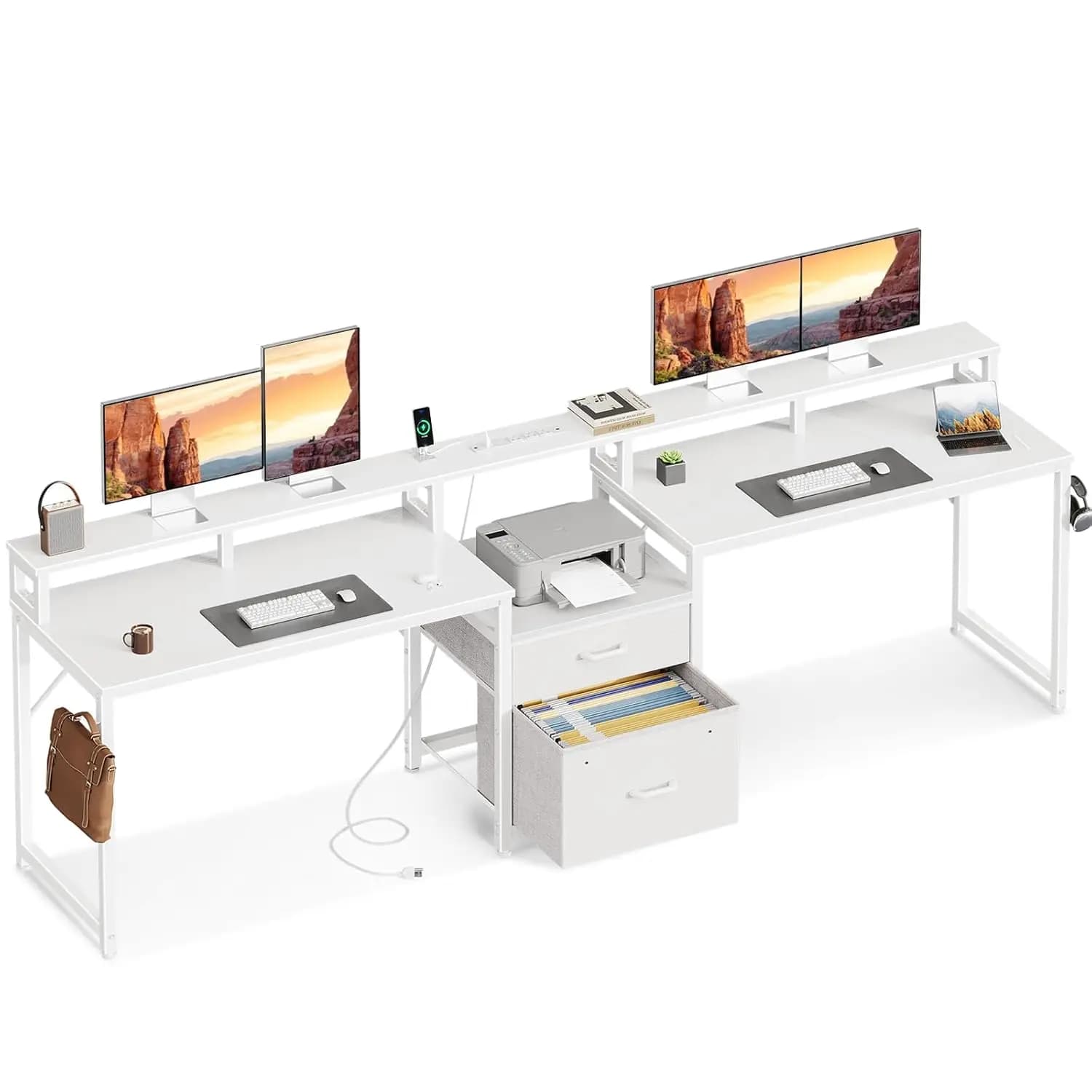 Scrivania da Gaming per 2 Persone da 98 Pollici con Cassetto, Presa di Corrente, Supporto Monitor, Ripiani Portaoggetti, per Ufficio Domestico, Bianca, Personalizzabile