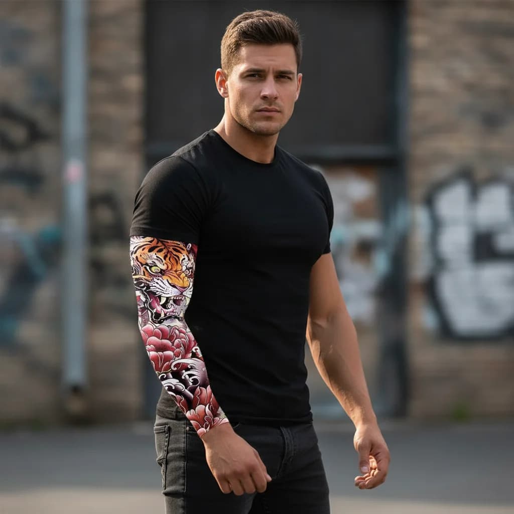 1pc Fashion UV Protection Arm Sleeves for Men Flower Tattoo Sleeve Sunscreen Cover for Cycling Running Outdoor